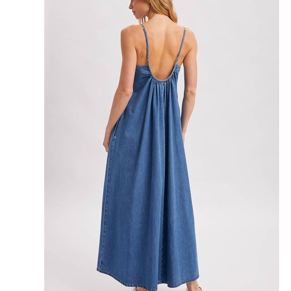 Denim Chambray Open Back Maxi Dress - Sleeveless Tent Dress with Pockets - Picture 10 of 10